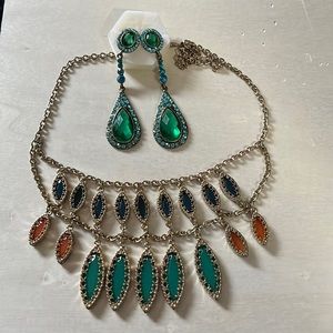 Gold Chain with Teal, Orange, Blue and Green Jewels. Necklace and Earring Bundle